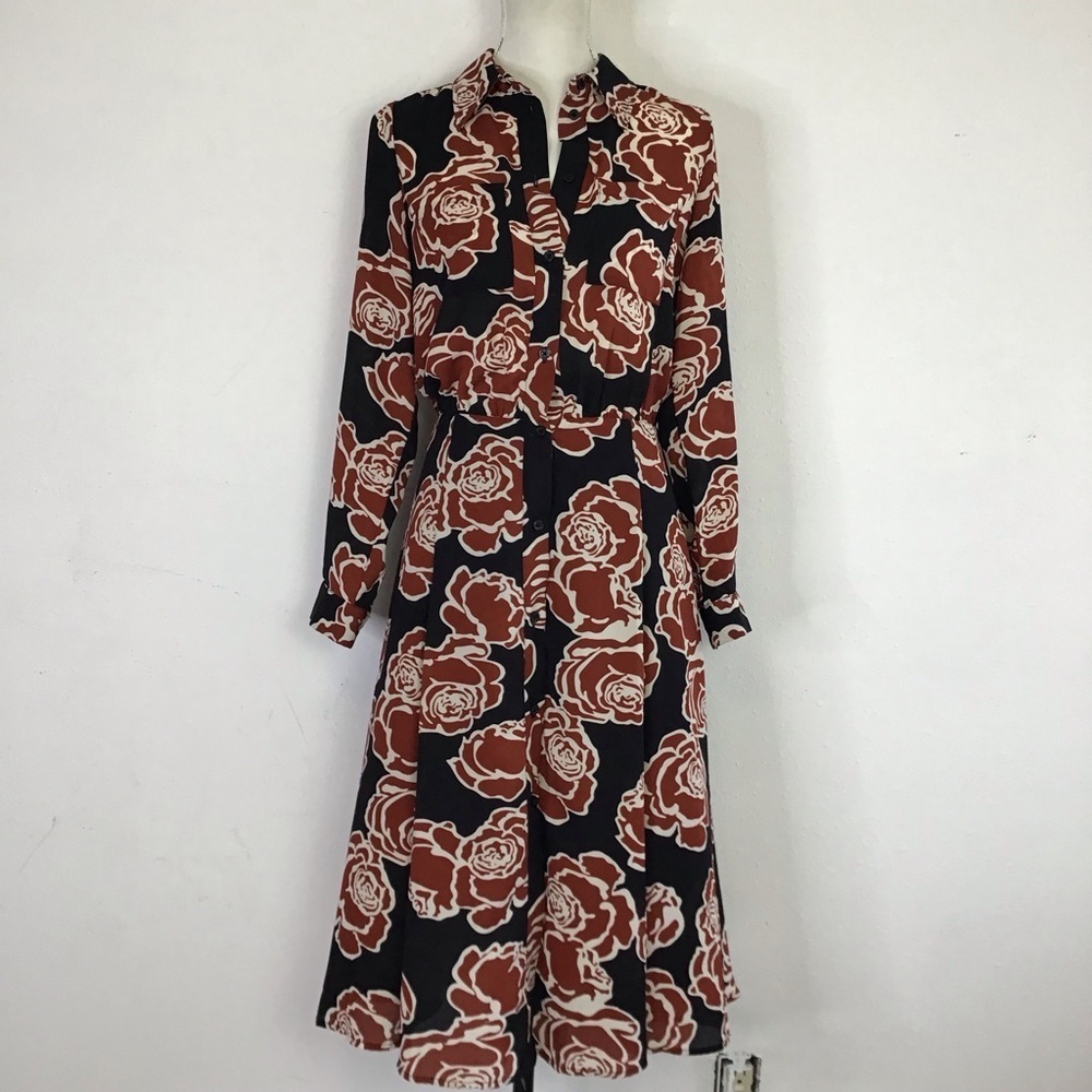WHO WHAT WEAR WOMEN FALL BLACK RUST CREAM FLORAL COLLAR BUTTON UP SHIRT DRESS S